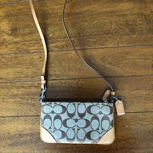 Authentic Coach Signature Monogram Canvas Leather Wristlet with Crossbody Strap